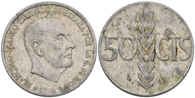Испания 50 сентимо 1966 (70) Франсиско Франко (1939-1975) KM 795 алюминий 4388-115
