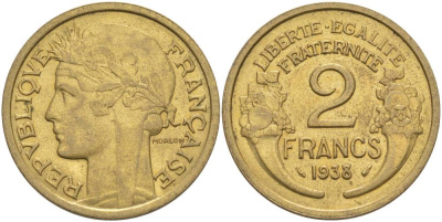 Франция 2 франка 1938 тип Морлон KM 886, Le Franc 268.11 алюминиевая бронза 3460-545