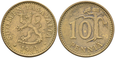 ФИНЛЯНДИЯ 10 ПЕННИ 1981 K KM 46 алюминиевая бронза 192-1046