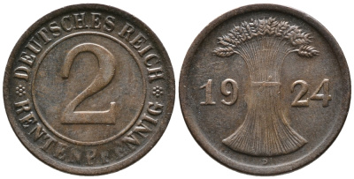 ГЕРМАНИЯ 2 РЕНТЕНПФЕННИГА 1924 D KM 31, J. 307 бронза 24-514