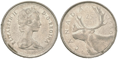 Канада 25 центов 1980 олень карибу, Елизавета II (1952-2022) KM 74 никель 4616-1014