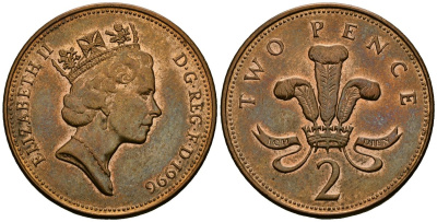 Великобритания 2 пенса 1996 Елизавета II (1952-2022) KM 936a, Spink 4376 (C4) сталь плакированная медью 3333-1114