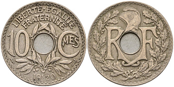 Франция 10 сантимов 1920 KM 866a, Le Franc 138.3 медно-никель 4143-856