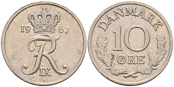 Дания 10 эре 1967 C; S, Фредерик IX (1947-1972) KM 849.1 медно-никель 4580-312