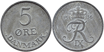 ДАНИЯ 5 ЭРЕ 1956 C; S, ФРЕДЕРИК IX (1947-1972) KM 843.2 цинк 41-231
