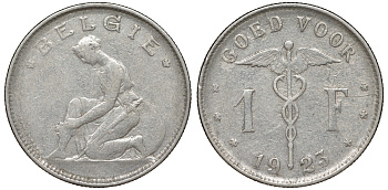 Бельгия 1 франк 1923 Belgie, Альберт I (1909-1934) KM 90 никель 51-1021