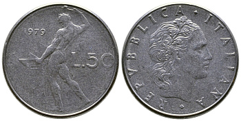 Италия 50 лир 1979 R, бог огня Вулкан у наковальни KM 95.1 нержавеющая сталь    4606-143