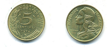 ФРАНЦИЯ 5 САНТИМОВ 1974 ТИП MARIANNE KM 933, LE FRANC 125.10 алюминиевая бронза 84-1536