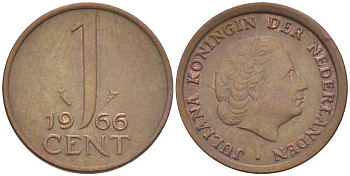 НИДЕРЛАНДЫ 1 ЦЕНТ 1966 КОРОЛЕВА ЮЛИАНА KM 180 бронза 3955-129