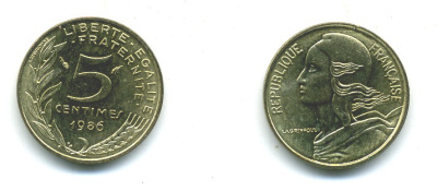 ФРАНЦИЯ 5 САНТИМОВ 1986 ТИП MARIANNE KM 933 медь алюминий никель 84-1549