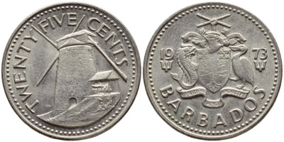 Барбадос 25 центов 1973 ветряная мельница Моргана Льюиса KM 13 медно-никель 4398-334