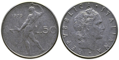 Италия 50 лир 1979 R, бог огня Вулкан у наковальни KM 95.1 нержавеющая сталь    4606-143