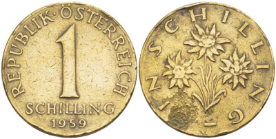 Австрия 1 шиллинг 1959 KM 2886 алюминиевая бронза 4402-256