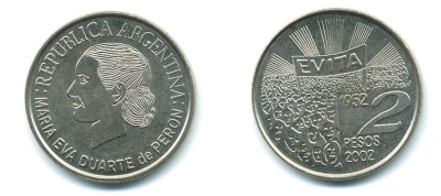 Аргентина 2 песо 2002 Мария Эва Дуарте де Перон KM 135 медно-никель UNC 37-735