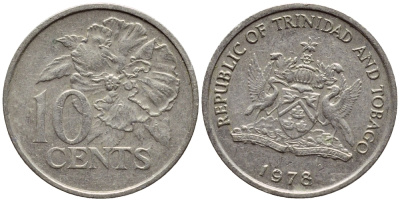 Тринидад и Тобаго 10 центов 1978 цветок гибискуса KM 31 медно-никель 4396-866