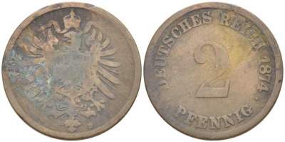 ГЕРМАНИЯ 2 ПФЕННИГА 1874 D, СТАРОГЕРБОВКА KM 2, J. 2, Weege 3 медь 212-842