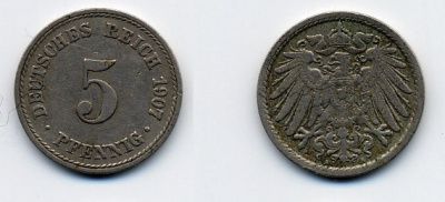 ГЕРМАНИЯ 5 ПФЕННИГОВ 1907 A, KM 11, J. 12 медно-никель 84-1512