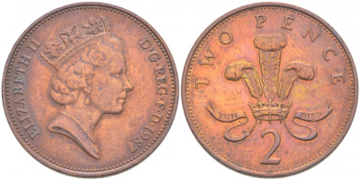 Великобритания 2 пенса 1987 Елизавета II (1952-2022) KM 936, Spink 4376 (C3) бронза 77-455