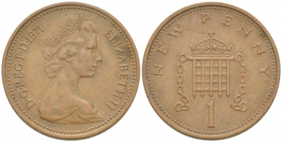 Великобритания 1 пенни 1971 Елизавета II (1952-2022) KM 915, Spink 4237 (B1) бронза 3955-313