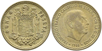 ИСПАНИЯ 1 ПЕСЕТА 1966 (69) ФРАНСИСКО ФРАНКО ДИКТАТОР ИСПАНИИ (1939-1975) KM 796 алюминиевая бронза 110-1241