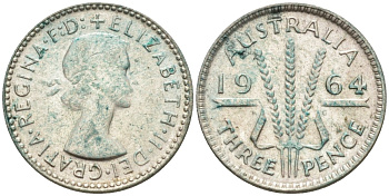 Австралия 3 пенса 1964 KG, Елизавета II (1952-2022) KM 57 серебро 4585-531