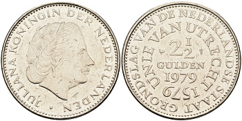 Нидерланды 2 1/2 гульдена 1979 400 лет Утрехтскому союзу, Юлиана (1949-1980) KM 197 никель 4590-732