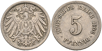 ГЕРМАНИЯ 5 ПФЕННИГОВ 1906 F, KM 11, J. 12 медно-никель 75-861