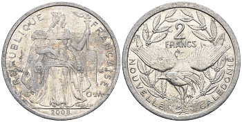 Французская Новая Каледония 2 франка 2008 птица кагу, (IEOM) KM 14, Schoen 11 алюминий    29-423