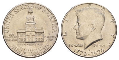 США 1/2 доллара (50 центов) 1976 D, 200 лет независимости, Джон Кеннеди KM 205 медь плакированная медно-никелем aUNC 4545-1144