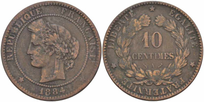 ФРАНЦИЯ 10 САНТИМОВ 1884 A, ТРЕТЬЯ РЕСПУБЛИКА (1871-1940) KM 815.1, LA FRANC 135.28 бронза 97-915