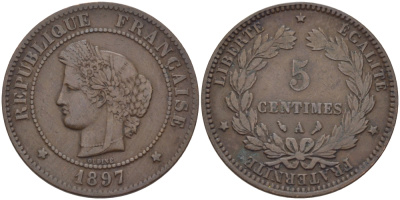ФРАНЦИЯ 5 САНТИМОВ 1897 A, ТРЕТЬЯ РЕСПУБЛИКА (1871-1940) KM 821.1, LE FRANC 118.41 бронза 28-554