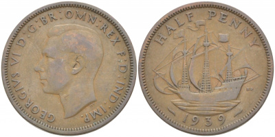 Великобритания 1/2 пенни 1939 Георг VI (1936-1952) KM 844, Spink 4115 бронза 77-442