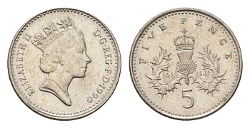 Великобритания 5 пенсов 1990 Елизавета II (1952-2022) KM 937b, Spink 4372 (D4) медно-никель 4684-1028