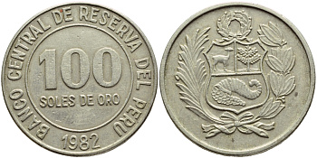 Перу 100 солей 1982 KM 283 медно-никель 4394-1142