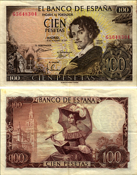 ИСПАНИЯ 100 ПЕСЕТ 1970 19 НОЯБРЯ 1965, ГУСТАВО АДОЛЬФО БЕККЕР ИСПАНСКИЙ ПИСАТЕЛЬ-РОМАНТИК, ЖЕНЩИНА С ЗОНТИКОМ НА ФОНЕ КАФЕДРАЛЬНОГО СОБОРА СЕВИЛЬИ Pick 150 бумага VF-XF 2192-97-2-1