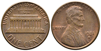 США 1 ЦЕНТ 1981 D, ЛИНКОЛЬН KM 201 медь цинк 4364-954