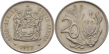 ЮАР 20 ЦЕНТОВ 1977 ГЕРБ, ЦВЕТОК ПРОТЕЯ KM 85 никель 67-451