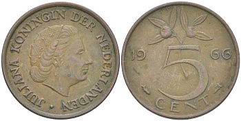 НИДЕРЛАНДЫ 5 ЦЕНТОВ 1966 ЮЛИАНА (1948-1980) KM 181 бронза 213-1045