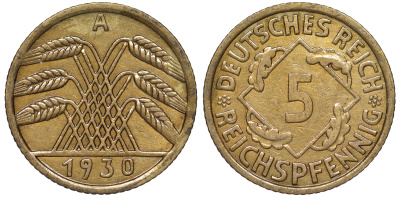 Германия 5 рейхспфеннигов 1930 A KM 39, J. 316 алюминиевая бронза 4602-1243