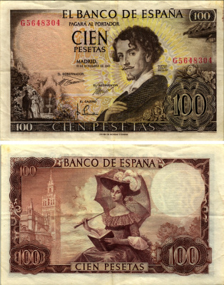 ИСПАНИЯ 100 ПЕСЕТ 1970 19 НОЯБРЯ 1965, ГУСТАВО АДОЛЬФО БЕККЕР ИСПАНСКИЙ ПИСАТЕЛЬ-РОМАНТИК, ЖЕНЩИНА С ЗОНТИКОМ НА ФОНЕ КАФЕДРАЛЬНОГО СОБОРА СЕВИЛЬИ Pick 150 бумага VF-XF 2192-97-2-1