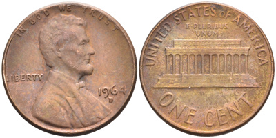 США 1 ЦЕНТ 1964 D, ЛИНКОЛЬН KM 201 медь цинк 4588-359