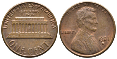 США 1 ЦЕНТ 1981 D, ЛИНКОЛЬН KM 201 медь цинк 4364-954