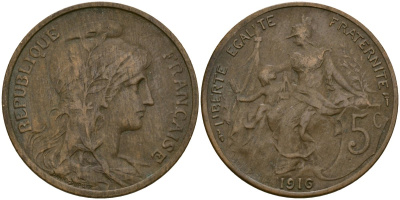 Франция 5 сантимов 1916 KM 842, Le Franc 119.5 бронза 51-2533