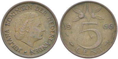 НИДЕРЛАНДЫ 5 ЦЕНТОВ 1966 ЮЛИАНА (1948-1980) KM 181 бронза 213-1045
