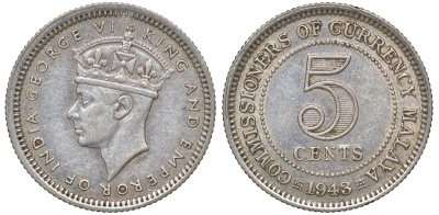 Британская Малайя 5 центов 1943 Георг VI (1937-1952) KM 3a серебро 53-147