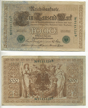 ГЕРМАНИЯ 1000 МАРОК 1910 ЗЕЛЕНАЯ ПЕЧАТЬ, 7 ЦИФР В НОМЕРЕ Pick 45b бумага 7552-51-2