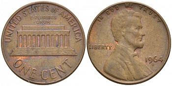 США 1 ЦЕНТ 1964 D, ЛИНКОЛЬН KM 201 медь цинк 3851-1039