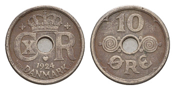 Дания 10 эре 1924 HCN, Кристиан X (1912-1947) KM 822 медно-никель 4658-265
