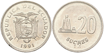 Эквадор 20 сукре 1991 KM 94 сталь плакированная никелем aUNC 4364-835