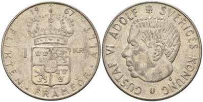 Швеция 1 крона 1967 U, Густав VI Адольф (1950-1973) KM 826 серебро 4150-225